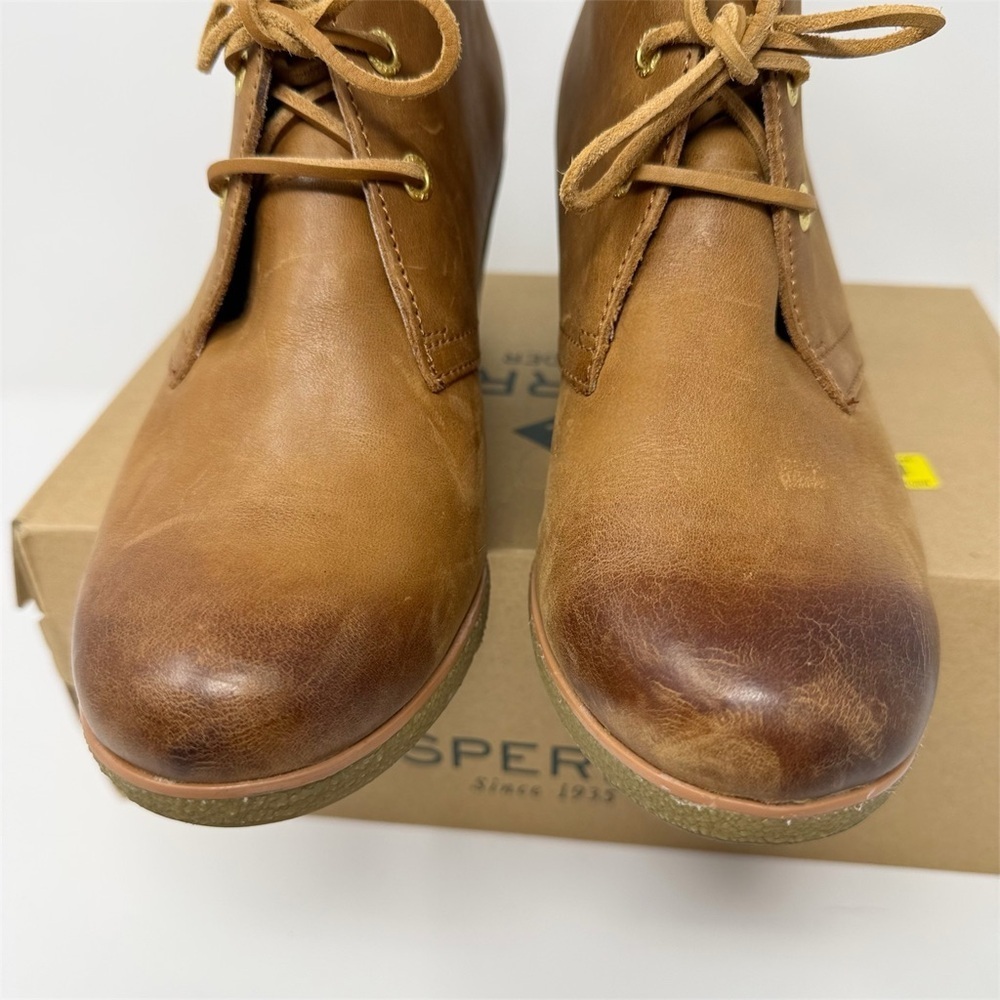 Sperry Harlow Burnished Wedge Booties Brown Leather Lace Up Ankle Boots Size 9 - Picture 4 of 16